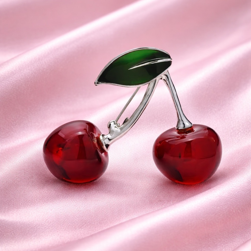 Red Cherry Leaf Brooch with Green Enamel Leaf